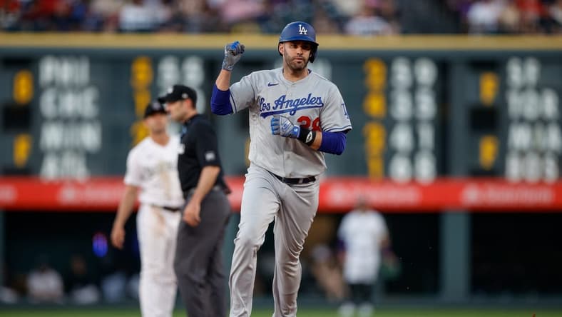 Jun 27, 2023; Denver, Colorado, USA; Los Angeles Dodgers designated hitter J.D. Martinez (28) gestures as he rounds the bases on a solo home run in the sixth inning against the Colorado Rockies at Coors Field. Mandatory Credit: Isaiah J. Downing-USA TODAY Sports