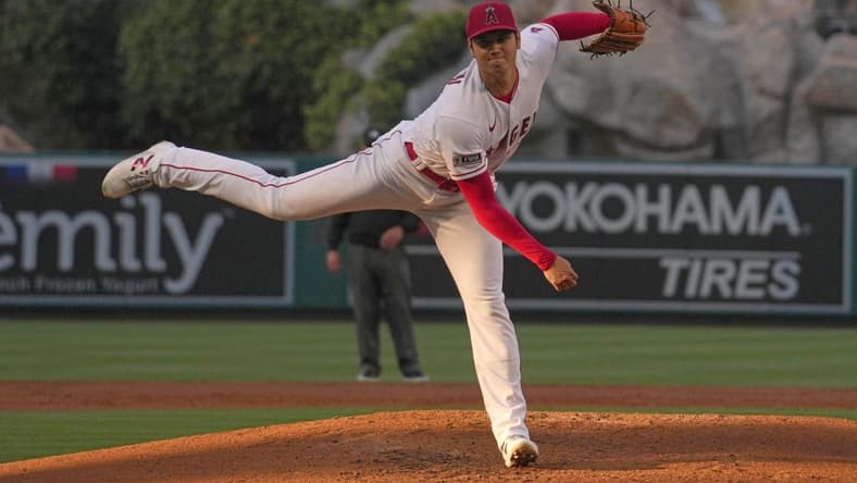 Jun 27, 2023; Anaheim, California, USA; Los Angeles Angels starting pitcher Shohei Ohtani (17) throws in the third inning against the Chicago White Sox at Angel Stadium. Mandatory Credit: Kirby Lee-USA TODAY Sports