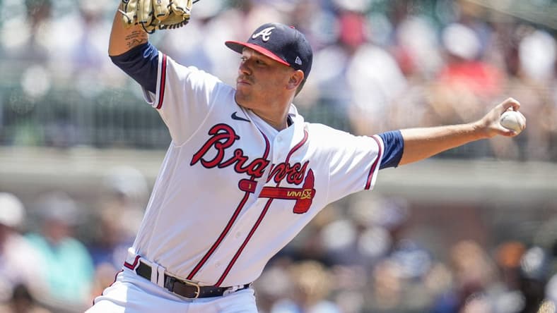 Jun 28, 2023; Cumberland, Georgia, USA; Atlanta Braves starting pitcher Kolby Allard (49) pitches against the Minnesota Twins during the second inning at Truist Park. Mandatory Credit: Dale Zanine-USA TODAY Sports