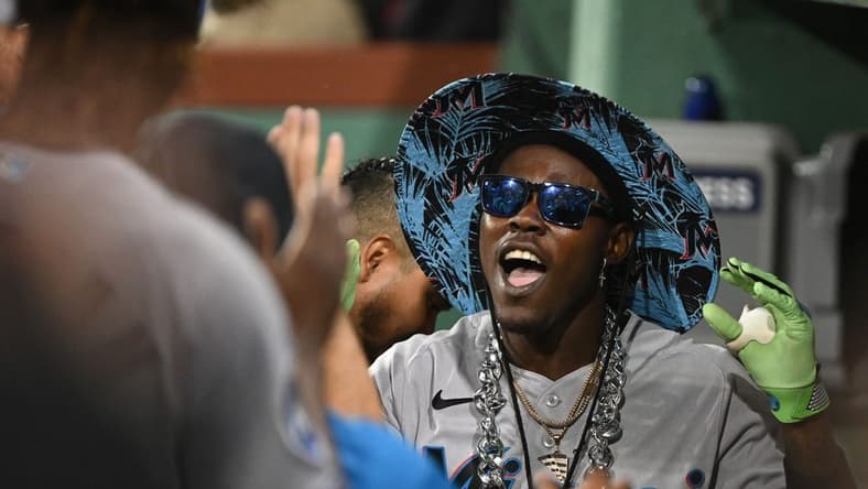 Jun 28, 2023; Boston, Massachusetts, USA; Miami Marlins center fielder Jazz Chisholm Jr. (2) celebrates after hitting a home run against the Boston Red Sox during the seventh inning at Fenway Park. Mandatory Credit: Brian Fluharty-USA TODAY Sports