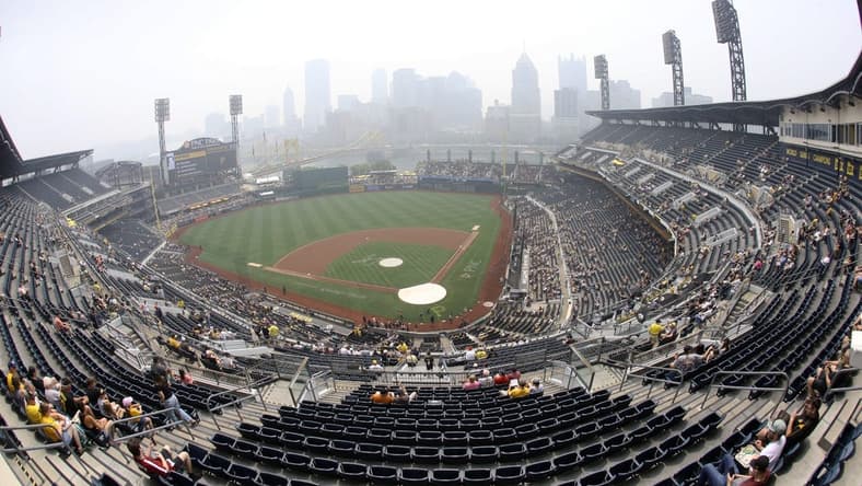 Jun 29, 2023; Pittsburgh, Pennsylvania, USA; A general view of smoky skies, a result of the Canadian wildfires, obscuring the Pittsburgh downtown skyline and delays the start of the game between the San Diego Padres and the Pittsburgh Pirates at PNC Park. Mandatory Credit: Charles LeClaire-USA TODAY Sports