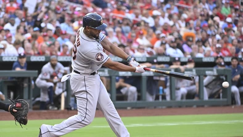 Jun 29, 2023; St. Louis, Missouri, USA; Houston Astros first baseman Jose Abreu (79) hits a two-run double against the St. Louis Cardinals in the second inning at Busch Stadium. Mandatory Credit: Joe Puetz-USA TODAY Sports
