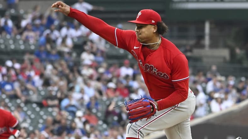 Jun 29, 2023; Chicago, Illinois, USA; Philadelphia Phillies starting pitcher Taijuan Walker (99) delivers against the Chicago Cubsduring the first inning at Wrigley Field. Mandatory Credit: Matt Marton-USA TODAY Sports