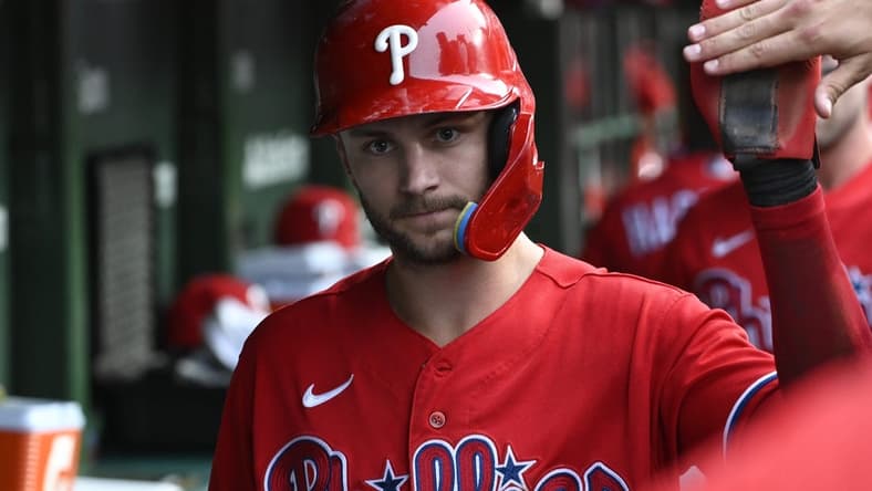 Jun 29, 2023; Chicago, Illinois, USA; Philadelphia Phillies shortstop Trea Turner (7) celebrates in the dugout after scoring against the Chicago Cubs during the third inning at Wrigley Field. Mandatory Credit: Matt Marton-USA TODAY Sports