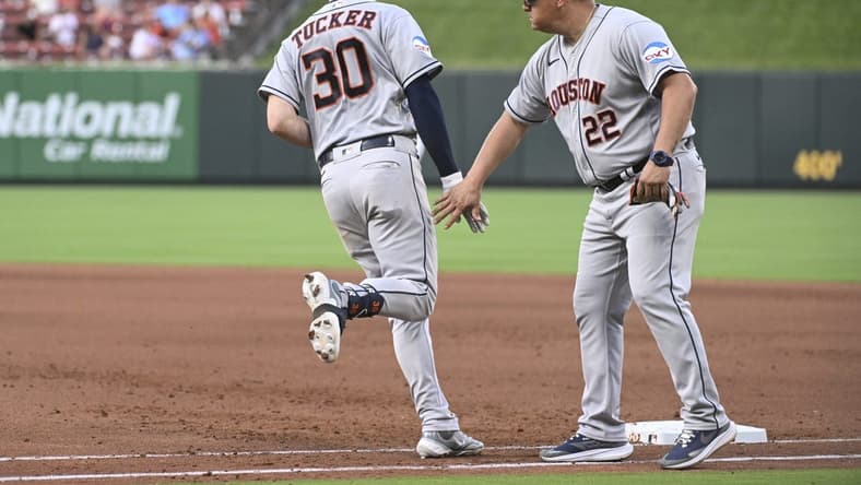 Jun 29, 2023; St. Louis, Missouri, USA; Houston Astros right fielder Kyle Tucker (30) is congratulated by Houston Astros first base coach Omar L pez (22) after Tucker hits a three-run home run against the St. Louis Cardinals in the sixth inning at Busch Stadium. Mandatory Credit: Joe Puetz-USA TODAY Sports