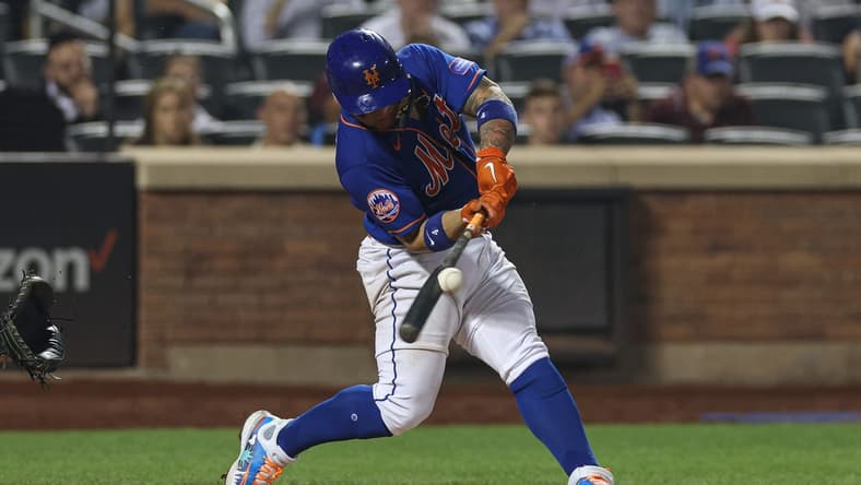 Jun 29, 2023; New York City, New York, USA; New York Mets catcher Francisco Alvarez (4) singles during the ninth inning against the Milwaukee Brewers at Citi Field. Mandatory Credit: Vincent Carchietta-USA TODAY Sports