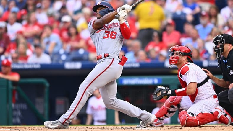 Jun 30, 2023; Philadelphia, Pennsylvania, USA; Washington Nationals outfielder Stone Garrett (36) hits a two-run home run against the Philadelphia Phillies in the second inning at Citizens Bank Park. Mandatory Credit: Kyle Ross-USA TODAY Sports
