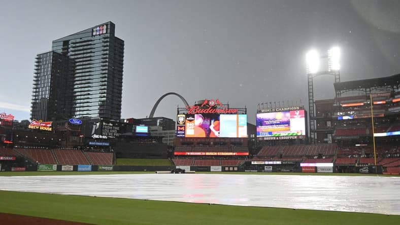 Jun 30, 2023; St. Louis, Missouri, USA; A general view of Busch Stadium during a rain delay prior to the game between the St. Louis Cardinals and the New York Yankees at Busch Stadium. Mandatory Credit: Joe Puetz-USA TODAY Sports