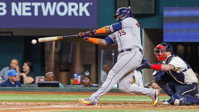 Jun 30, 2023; Arlington, Texas, USA; Houston Astros catcher Martin Maldonado (15) lines out during the third inning against the Texas Rangers at Globe Life Field. Mandatory Credit: Andrew Dieb-USA TODAY Sports
