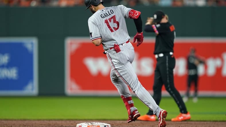 Jun 30, 2023; Baltimore, Maryland, USA; Minnesota Twins outfielder Joey Gallo (13) rounds the bases following his solo home run in the second inning against the Baltimore Orioles at Oriole Park at Camden Yards. Mandatory Credit: Mitch Stringer-USA TODAY Sports