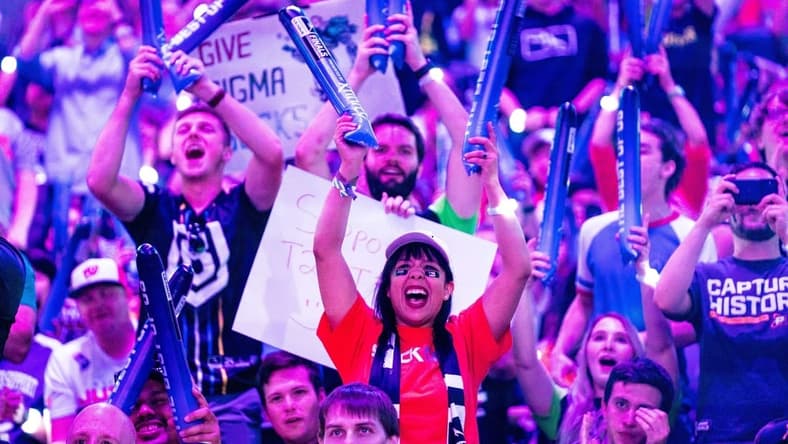 Sep 29, 2019; Philadelphia, PA, USA; Fans react during the Overwatch League Grand Finals e-sports event between the Vancouver Titans and San Francisco Shock at Wells Fargo Center. Mandatory Credit: Bill Streicher-USA TODAY Sports