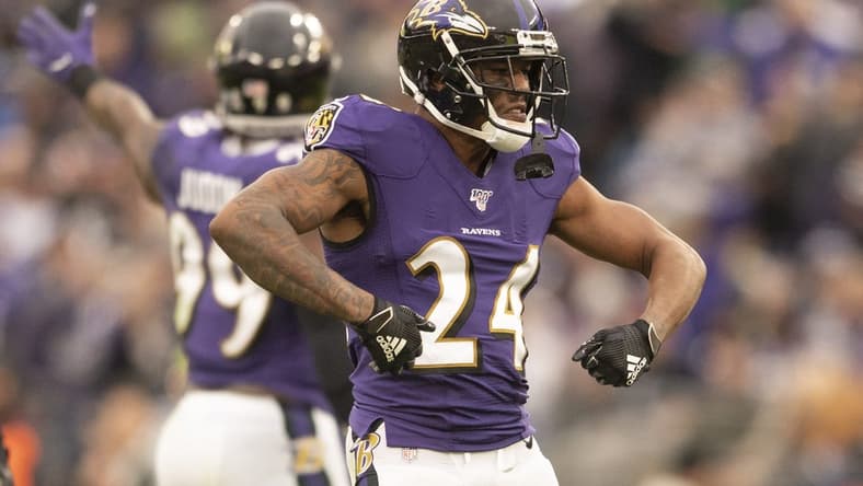 Nov 17, 2019; Baltimore, MD, USA;  Baltimore Ravens cornerback Marcus Peters (24) reacts after breaking up a pass on fourth down against the Houston Texans at M&T Bank Stadium. Mandatory Credit: Tommy Gilligan-USA TODAY Sports