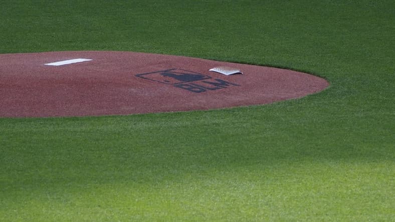 Jul 28, 2020; San Francisco, California, USA; A logo for black lives matter on the pitcher s mound before the game between the San Francisco Giants and San Diego Padres at Oracle Park. Mandatory Credit: Kelley L Cox-USA TODAY Sports