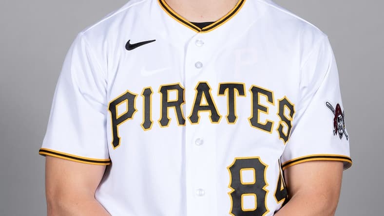 Mar 1, 2021; Sarasota, FL, USA; Pittsburgh Pirates Quinn Priester (84) poses during media day at Ed Smith Stadium. Mandatory Credit: MLB Photos via USA Today Sports