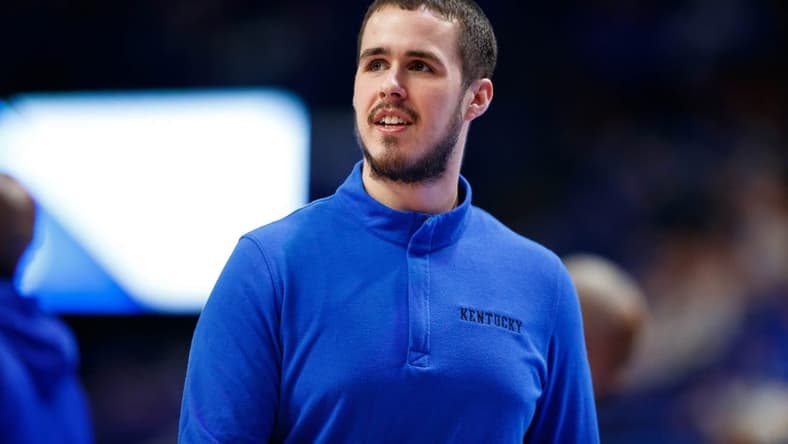 Dec 7, 2021; Lexington, Kentucky, USA; Kentucky Wildcats graduate assistant coach Brad Calipari walks onto the court prior to the game against the Southern University Jaguars  at Rupp Arena at Central Bank Center. Mandatory Credit: Jordan Prather-USA TODAY Sports