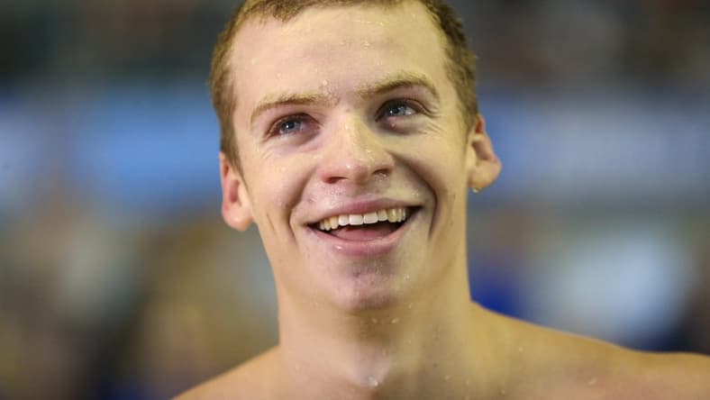 Mar 24, 2022; Atlanta, GA, USA; Arizona State Sun Devils swimmer Leon Marchand celebrates after winning the 200 IM final in the NCAA Mens Swimming & Diving Championships at McAuley Aquatic Center. Mandatory Credit: Brett Davis-USA TODAY Sports