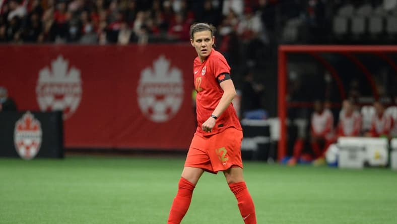 Apr 8, 2022; Vancouver, BC, Canada;  Women's Canadian National forward Christine Sinclair (12) awaits the start of play against the Women's Nigeria National team during the first half at BC Place. Mandatory Credit: Anne-Marie Sorvin-USA TODAY Sports