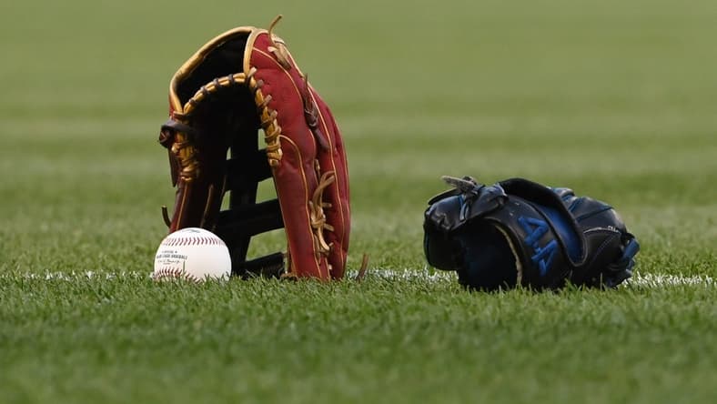 Apr 20, 2022; Washington, District of Columbia, USA; A detail view of a glove a baseball on the the field before the game between the Washington Nationals and the Arizona Diamondbacks at Nationals Park. Mandatory Credit: Tommy Gilligan-USA TODAY Sports