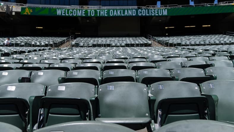 Jun 1, 2022; Oakland, California, USA; A general view of the seats at RingCentral Coliseum before the game between the Oakland Athletics and the Houston Astros. Mandatory Credit: Stan Szeto-USA TODAY Sports