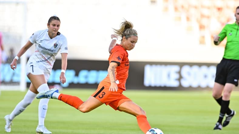 May 29, 2022; Houston, Texas, USA; Houston Dash forward Rachel Daly (3) kicks the ball during the first half against the North Carolina Courage in a NWSL match at PNC Stadium. Mandatory Credit: Maria Lysaker-USA TODAY Sports