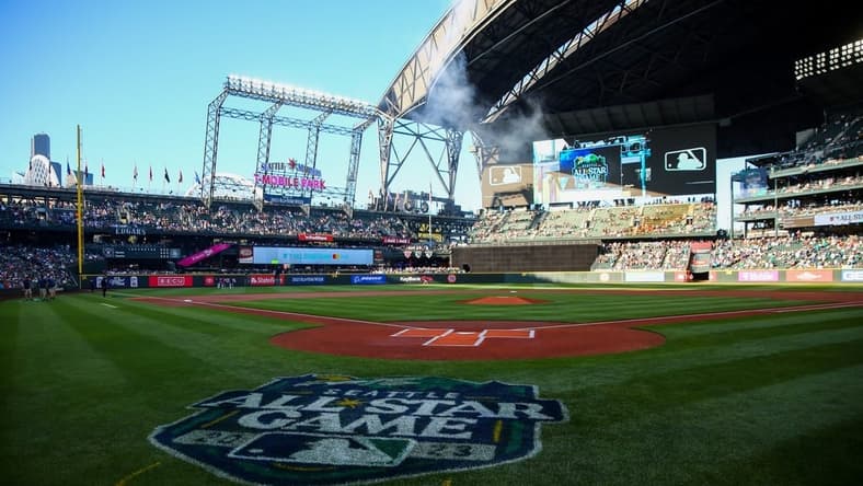 Jul 22, 2022; Seattle, Washington, USA; The logo of the 2023 All-Star Game which will take place in Seattle is painted behind home plate before the game between the Seattle Mariners and the Houston Astros at T-Mobile Park. Mandatory Credit: Lindsey Wasson-USA TODAY Sports