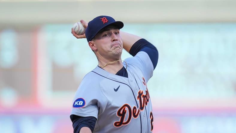 Aug 1, 2022; Minneapolis, Minnesota, USA; Detroit Tigers starting pitcher Tarik Skubal (29) pitches against the Minnesota Twins in the first inning at Target Field. Mandatory Credit: Brad Rempel-USA TODAY Sports
