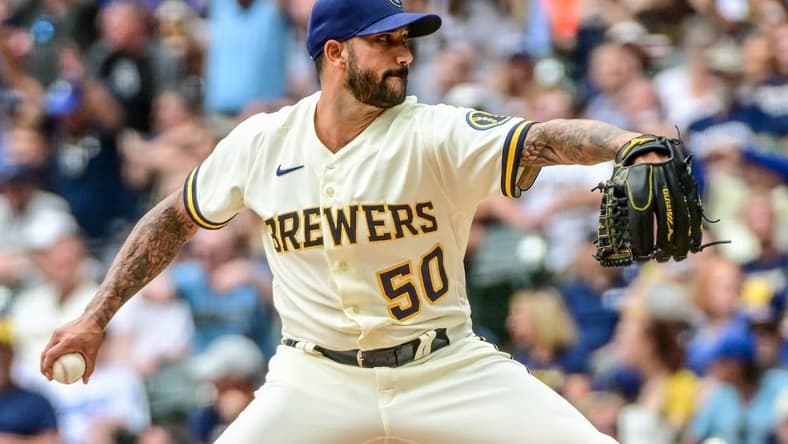 Aug 18, 2022; Milwaukee, Wisconsin, USA; Milwaukee Brewers pitcher Matt Bush (50) throws a pitch in the eighth inning against the Los Angeles Dodgers at American Family Field. Mandatory Credit: Benny Sieu-USA TODAY Sports