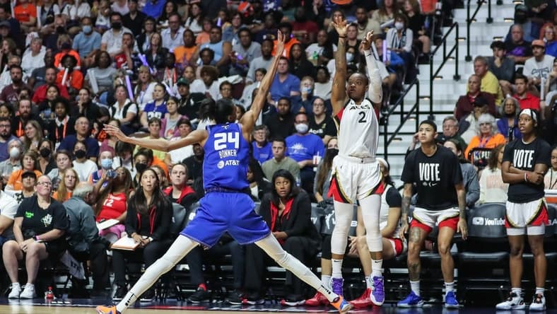 Sep 18, 2022; Uncasville, Connecticut, USA; Las Vegas Aces guard Riquna Williams (2) during game four of the 2022 WNBA Finals at Mohegan Sun Arena. Mandatory Credit: Wendell Cruz-USA TODAY Sports