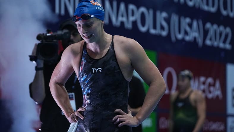 United States Katie Ledecky walks off the pool deck after breaking the 800 meter freestyle swim world record during the FINA Swimming World Cup finals on Saturday, Nov 5, 2022 in Indianapolis at Indiana University Natatorium.
Swimming Fina Swimming World Cup