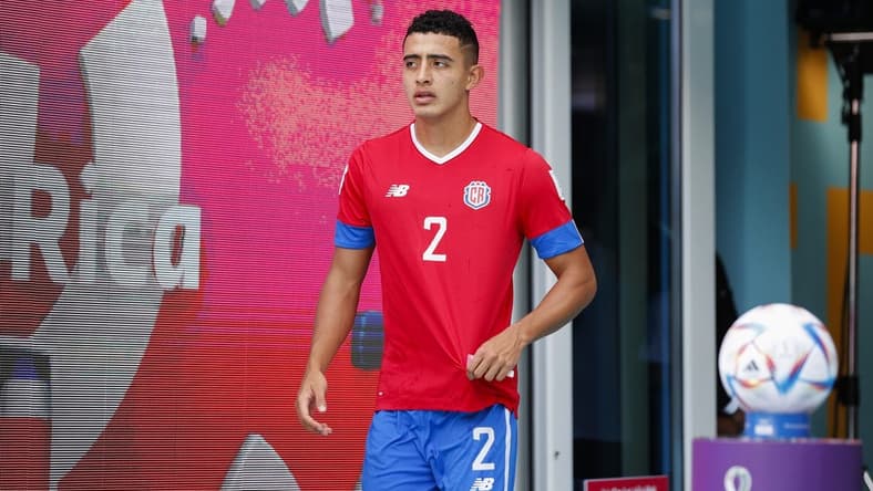 Nov 27, 2022; Al Rayyan, Qatar; Costa Rica midfielder Daniel Chacon (2) walks out to the pitch before a group stage match against Japan during the 2022 World Cup at Ahmad Bin Ali Stadium. Mandatory Credit: Yukihito Taguchi-USA TODAY Sports