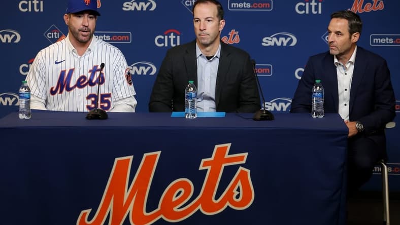 Dec 20, 2022; NY, NY, USA; New York Mets pitcher Justin Verlander (left to right) speaks to the media with Mets general manager Billy Eppler and his agent Mark Pieper during a press conference at Citi Field. Mandatory Credit: Brad Penner-USA TODAY Sports