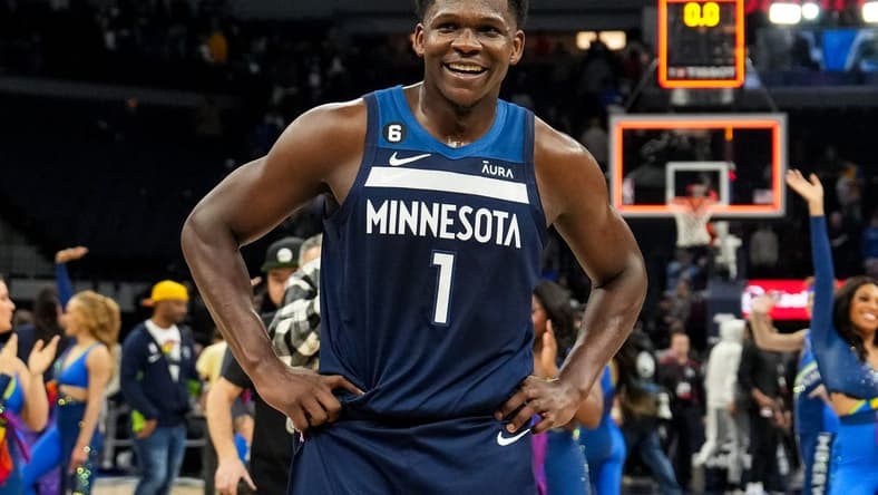 Jan 4, 2023; Minneapolis, Minnesota, USA; Minnesota Timberwolves guard Anthony Edwards (1) smiles following the game against the Portland Trail Blazers at Target Center. Mandatory Credit: Brace Hemmelgarn-USA TODAY Sports