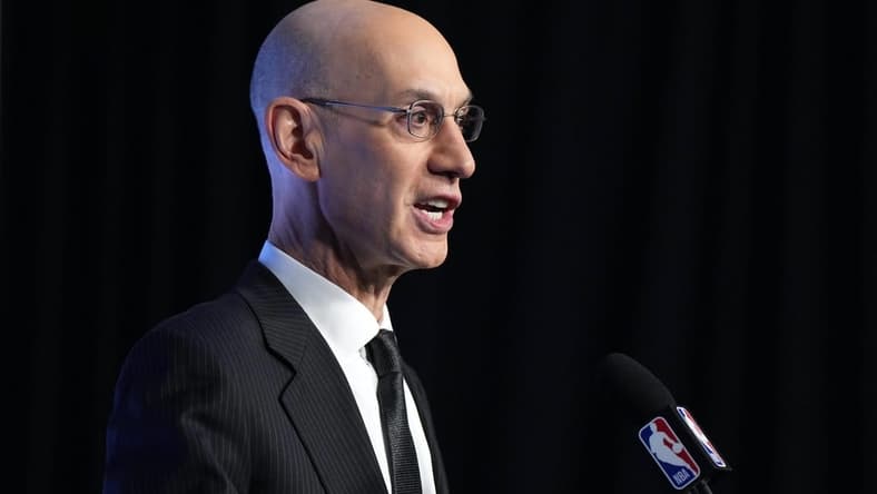 Feb 18, 2023; Salt Lake City, UT, USA; NBA commissioner Adam Silver at a press conference during the 2023 All Star Saturday Night at Vivint Arena. Mandatory Credit: Kirby Lee-USA TODAY Sports