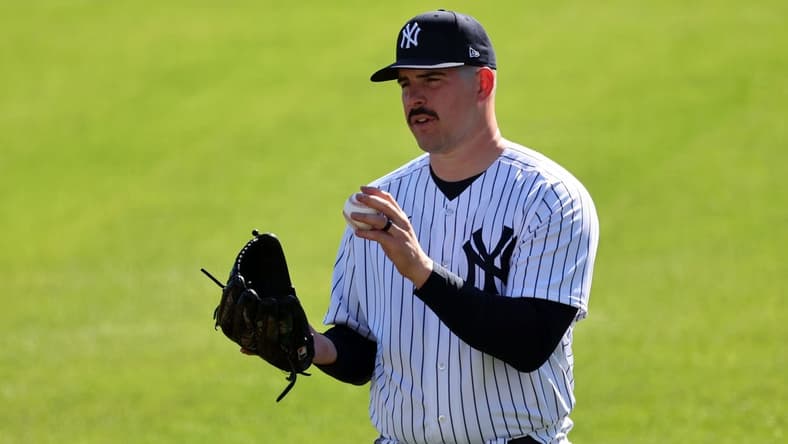 Feb 22, 2023; Tampa, FL, USA; New York Yankees starting pitcher Carlos Rodon (55) during photo day at George M. Steinbrenner Field  Mandatory Credit: Kim Klement-USA TODAY Sports