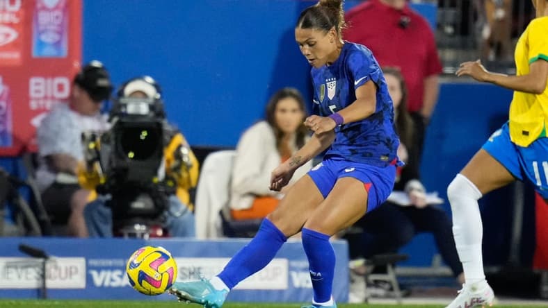 Feb 22, 2023; Frisco, Texas, USA; United States of America forward Trinity Rodman (5) passes the ball Brazil during the first half at Toyota Stadium. Mandatory Credit: Chris Jones-USA TODAY Sports