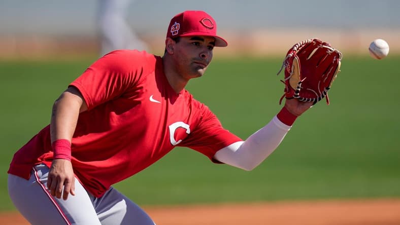 Cincinnati Reds infielder Christian Encarnacion-Strand (94) catches a ground ball at third base at the Cincinnati Reds Player Development Complex in Goodyear, Ariz., on Thursday, Feb. 23, 2023.
Cincinnati Reds Spring Training