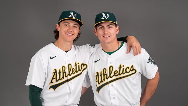 Feb 23, 2023; Mesa, AZ, USA; Oakland Athletics infielder Zack Gelof (46) (left) and catcher Tyler Soderstrom (57) (right) pose for a portrait during spring training photo day at HoHoKam Stadium. Mandatory Credit: Allan Henry-USA TODAY Sports