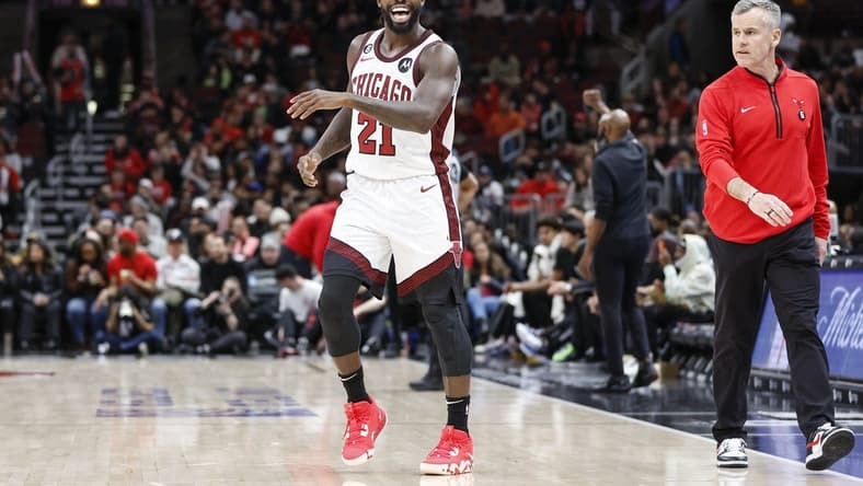 Feb 24, 2023; Chicago, Illinois, USA; Chicago Bulls guard Patrick Beverley (21) reacts during the first half of an NBA game against the Brooklyn Nets at United Center. Mandatory Credit: Kamil Krzaczynski-USA TODAY Sports