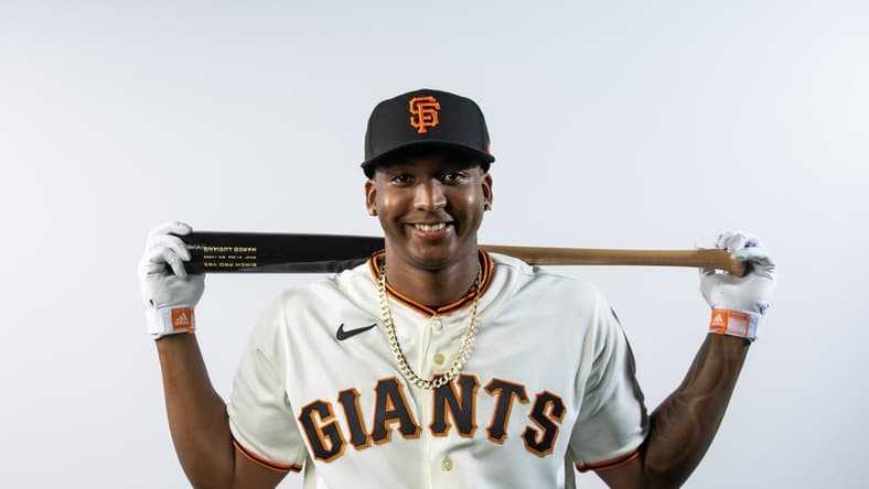 Feb 24, 2023; Scottsdale, AZ, USA; San Francisco Giants infielder Marco Luciano poses for a portrait during photo day at Scottsdale Stadium. Mandatory Credit: Mark J. Rebilas-USA TODAY Sports