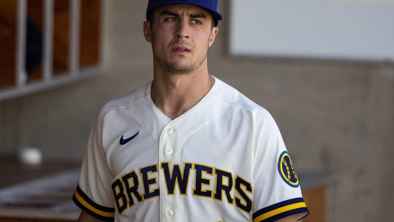 Feb 25, 2023; Phoenix, Arizona, USA; Milwaukee Brewers outfielder Sal Frelick against the Los Angeles Dodgers during a spring training game at American Family Fields of Phoenix. Mandatory Credit: Mark J. Rebilas-USA TODAY Sports