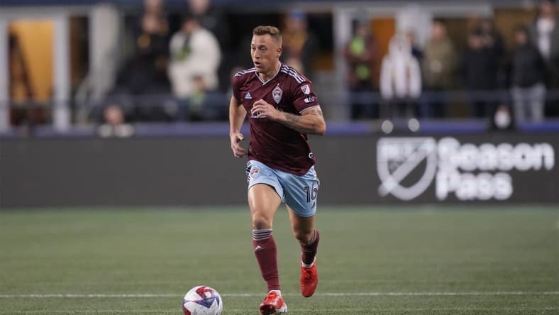 Feb 26, 2023; Seattle, Washington, USA; Colorado Rapids defender Alex Gersbach (16) dribbles down the pitch in the first half against the Seattle Sounders FC at Lumen Field. Mandatory Credit: Kirby Lee-USA TODAY Sports