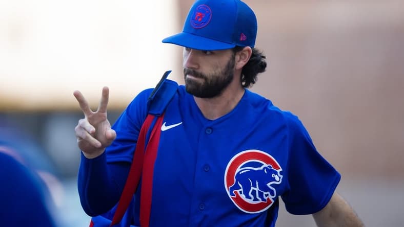 Mar 3, 2023; Peoria, Arizona, USA; Chicago Cubs infielder Dansby Swanson reacts against the San Diego Padres during a spring training game at Peoria Sports Complex. Mandatory Credit: Mark J. Rebilas-USA TODAY Sports