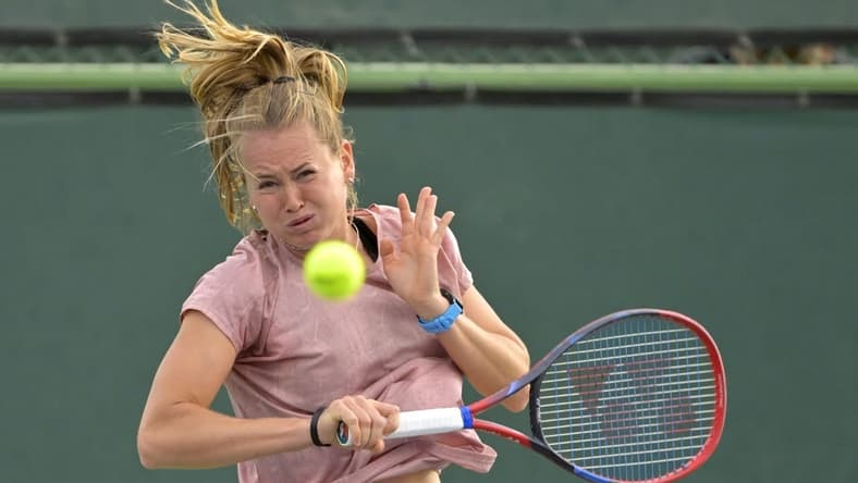 Mar 6, 2023; Indian Wells, CA, USA; Marie Bouzkova hits on the practice courts during day 1 of the BNP Paribas Open at the Indian Well Tennis Garden. Mandatory Credit: Jayne Kamin-Oncea-USA TODAY Sports