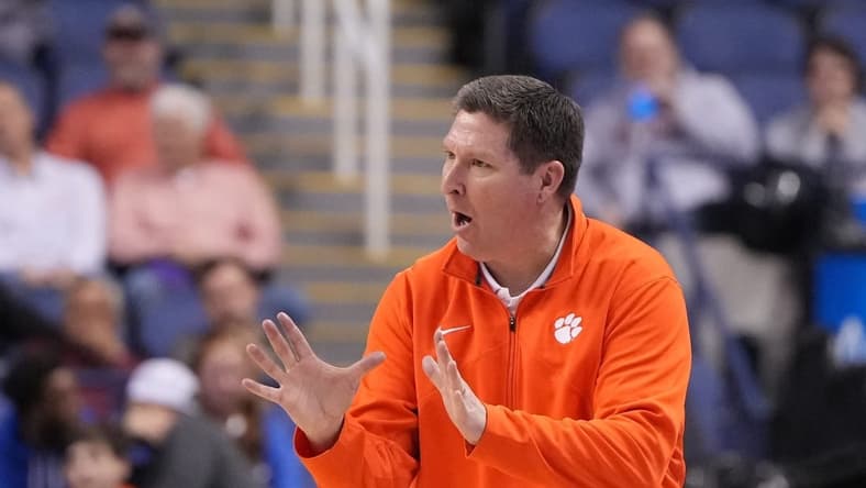 Mar 10, 2023; Greensboro, NC, USA;  Clemson Tigers head coach Brad Brownell reacts in the second half during the semifinals of the ACC Tournament at Greensboro Coliseum. Mandatory Credit: Bob Donnan-USA TODAY Sports