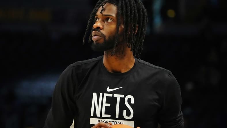 Mar 12, 2023; Denver, Colorado, USA; Brooklyn Nets center Nerlens Noel (0) prior to the game against the Denver Nuggets at Ball Arena. Mandatory Credit: Ron Chenoy-USA TODAY Sports
