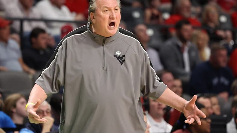 Mar 16, 2023; Birmingham, AL, USA; West Virginia Mountaineers head coach Bob Huggins reacts against the Maryland Terrapins during the first half in the first round of the 2023 NCAA Tournament at Legacy Arena. Mandatory Credit: Vasha Hunt-USA TODAY Sports
