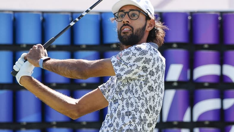 Mar 16, 2023; Palm Harbor, Florida, USA; Akshay Bhatia plays his shot from the 18th tee during the first round of the Valspar Championship golf tournament. Mandatory Credit: Reinhold Matay-USA TODAY Sports