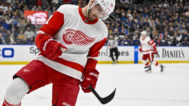 Mar 21, 2023; St. Louis, Missouri, USA; Detroit Red Wings right wing Filip Zadina (11) reacts after scoring against the St. Louis Blues during the first period at Enterprise Center. Mandatory Credit: Jeff Curry-USA TODAY Sports
