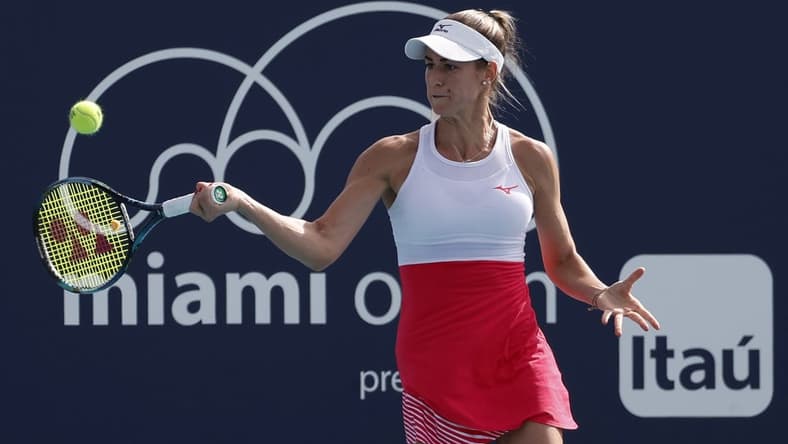 Mar 22, 2023; Miami, Florida, US; Anna Bondar (HUN) hits a forehand against Taylor Townsend (USA) (not pictured) on day three of the Miami Open at Hard Rock Stadium. Mandatory Credit: Geoff Burke-USA TODAY Sports