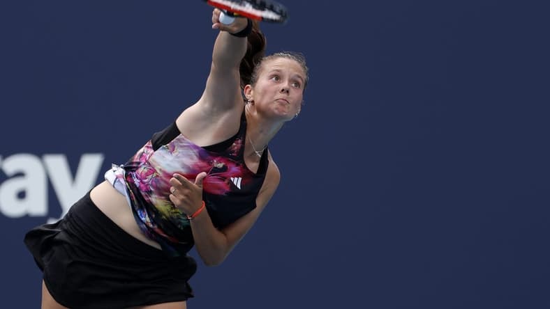 Mar 23, 2023; Miami, Florida, US; Daria Kasatkina serves against Elise Mertens (BEL) (not pictured) on day four of the Miami Open at Hard Rock Stadium. Mandatory Credit: Geoff Burke-USA TODAY Sports